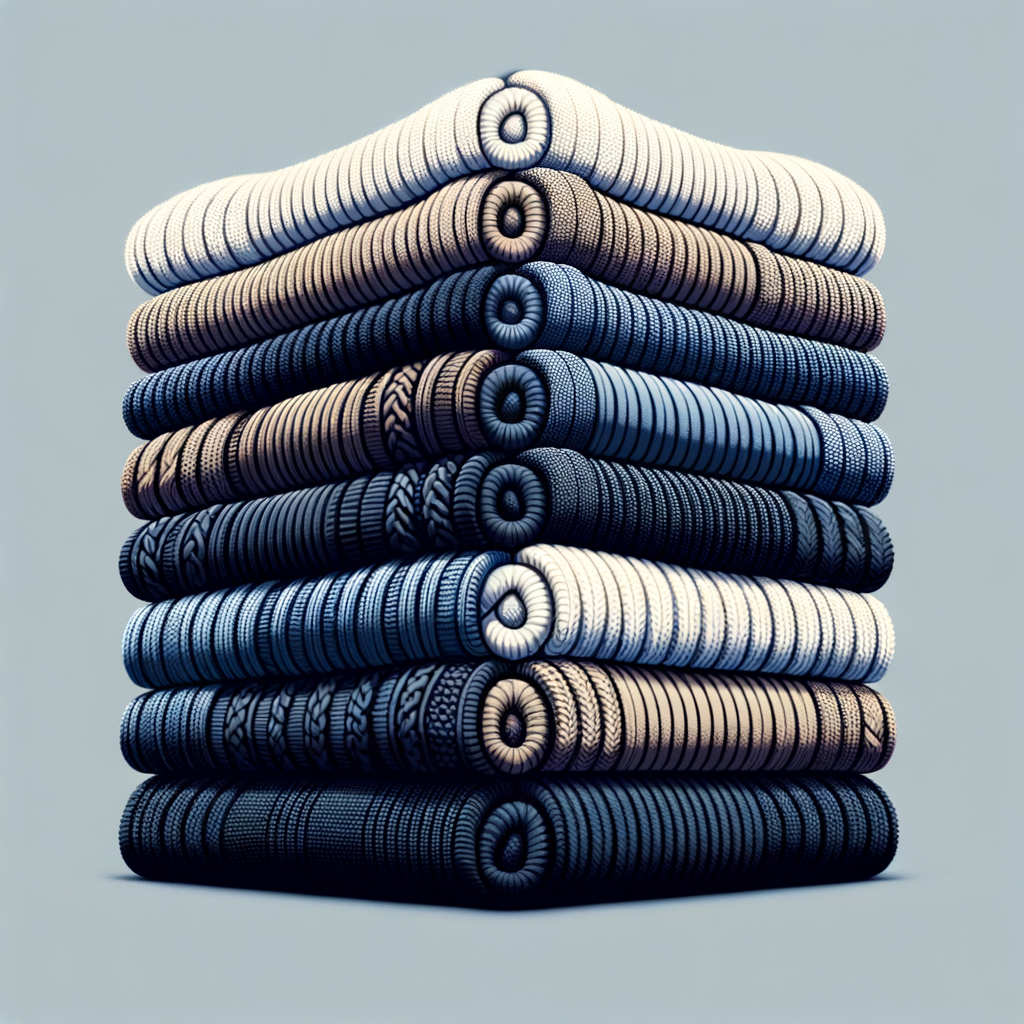 黒、ネイビー、白、グレーのベーシックカラーのニットセーターが畳まれて並んでいる写真。ニットの質感がわかるように、編み目が細かく見えるように。