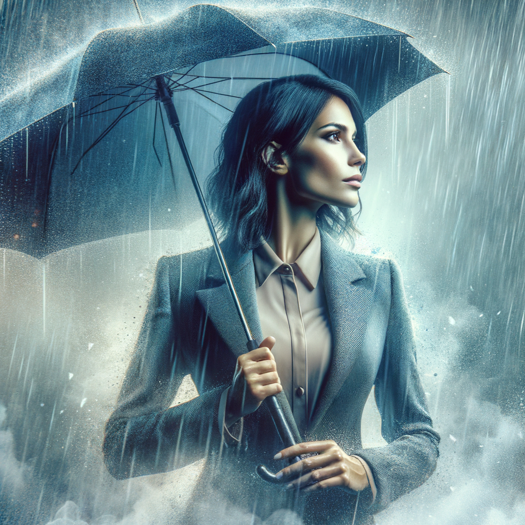 スタイリッシュなレインコートを着用し、傘を持ち、防水ローファーを履いたビジネスウーマンが雨の中を歩いている様子。背景は都会の風景。