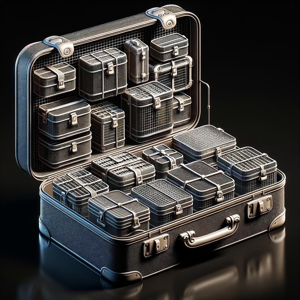 開いたスーツケースの中に、メッシュのアレンジケースが複数あり、それぞれ衣類が種類別に整理されている様子。中身が見えるように、Tシャツや下着などが入っているのがわかる。