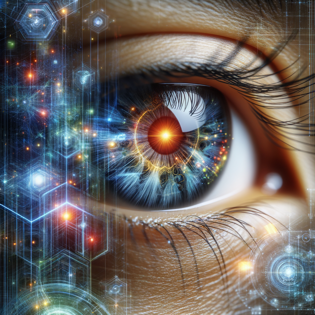 AIが生成する情報が増える中で、読書を通して培われた知識が、情報の真偽を見抜く力になることを表現。目を強調することで、洞察力や判断力を象徴しています。