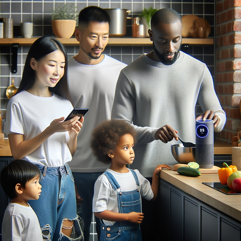 AlexaがAmazonプライムの各サービスと連携し、スマートホームを操作したり、Amazonフレッシュで食材を注文したりする家族の様子。未来的な生活を表現しています。