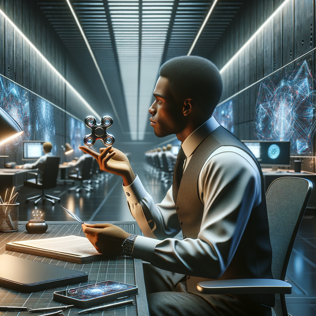 未来的なオフィスで、ホログラフィックスクリーンに向かって作業する人が、AI搭載フィジェットトイを使用している様子。集中力が高まり、生産性が向上している様子を表現。