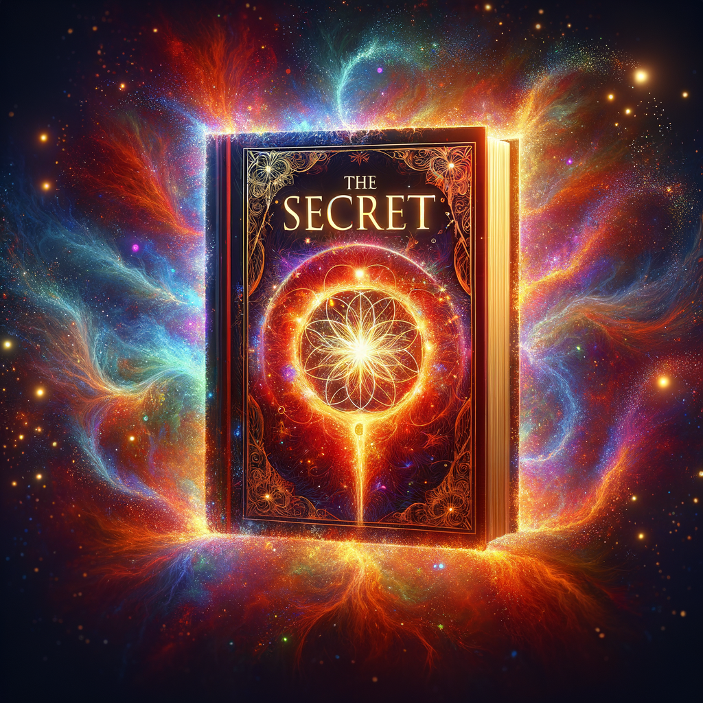 「ザ・シークレット」の書籍カバーが、内側からエネルギーを発しているようなイメージ。光が放射され、聴くことで得られるポジティブなエネルギーや引き寄せの力を表現。