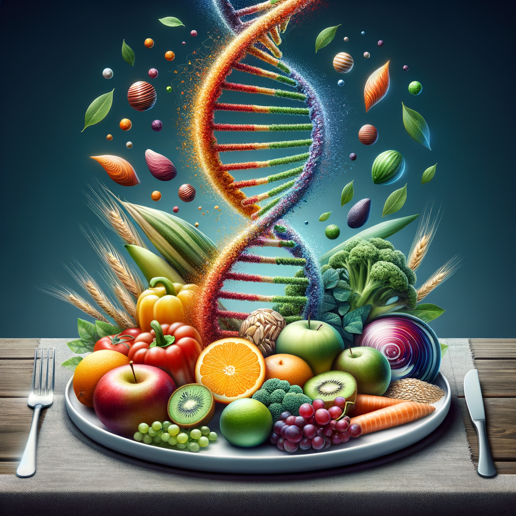 カラフルで健康的な食事のイメージ。DNAの二重らせん構造が薄く重ねられており、タブレットにはパーソナライズド栄養学のデータが表示されている。個人の遺伝子情報に基づいた最適な食事が提供される未来を表現。