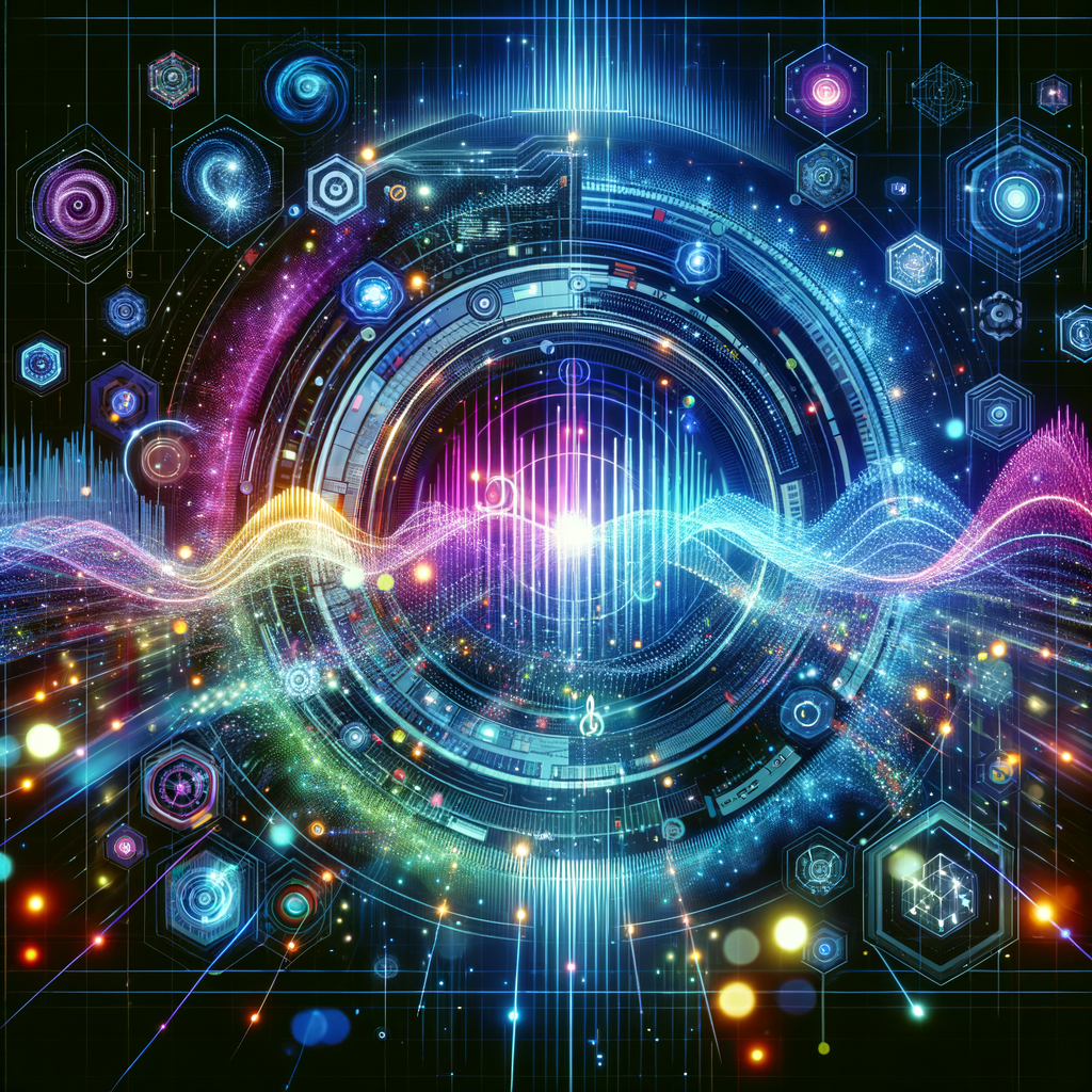 AI技術がオーディブルコンテンツの制作に活用されている様子を表現。未来的なインターフェース上に、AIアイコンや音波のビジュアライゼーションを表示。