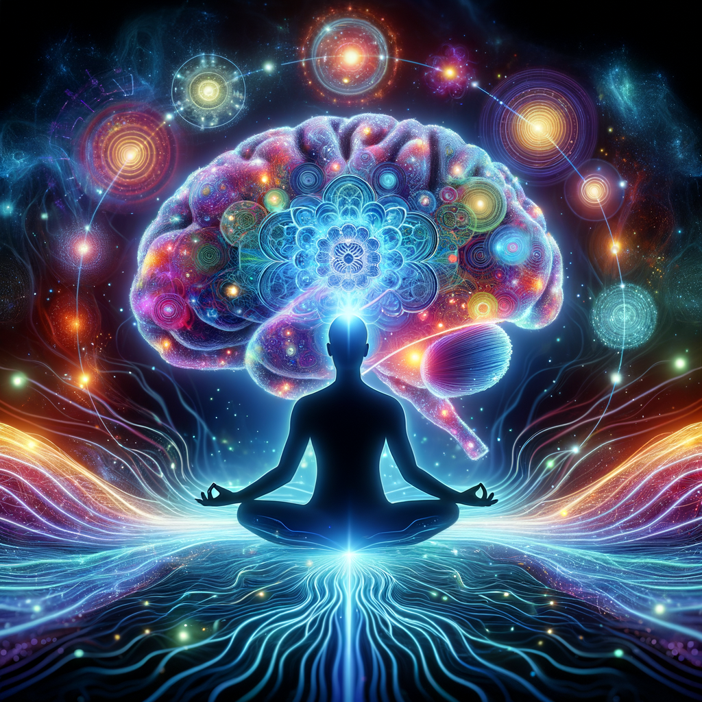 瞑想する人のシルエットと、脳スキャンデータが重なり合っているイメージ。瞑想が脳に与えるポジティブな影響を視覚的に表現。