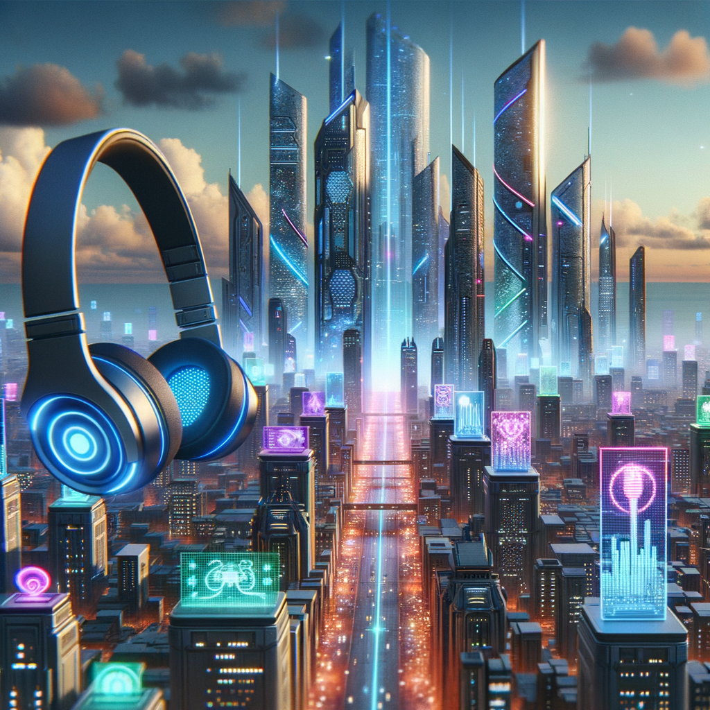 遠景に未来的な都市のスカイラインが広がり、前景にはヘッドホンが浮遊している画像。AI時代を表し、知識をインプットして未来を切り開くイメージを表現。