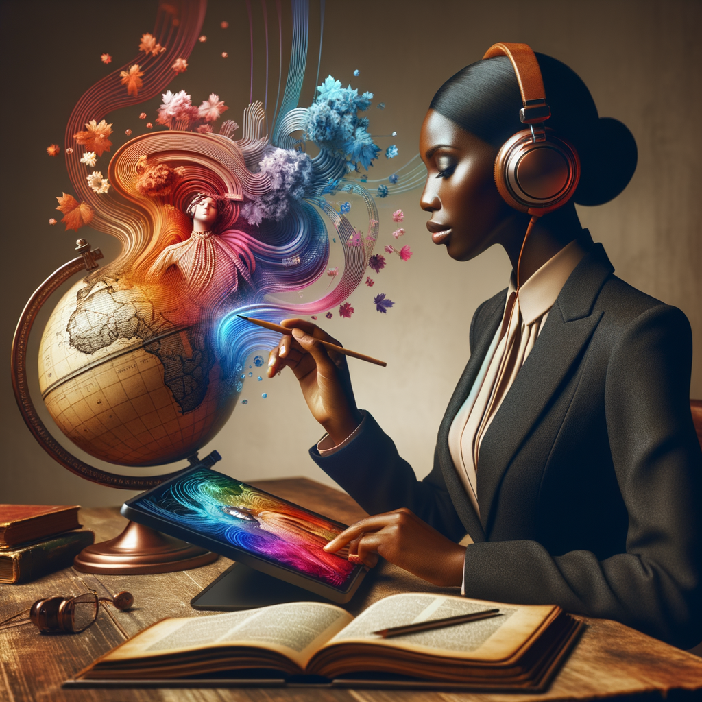 ヘッドホンでAudibleを聴いている人が、目の前の地球儀を見ている。スクリーンには統計データが表示され、虫眼鏡で検証している。データに基づいて世界を正しく理解することを表現。