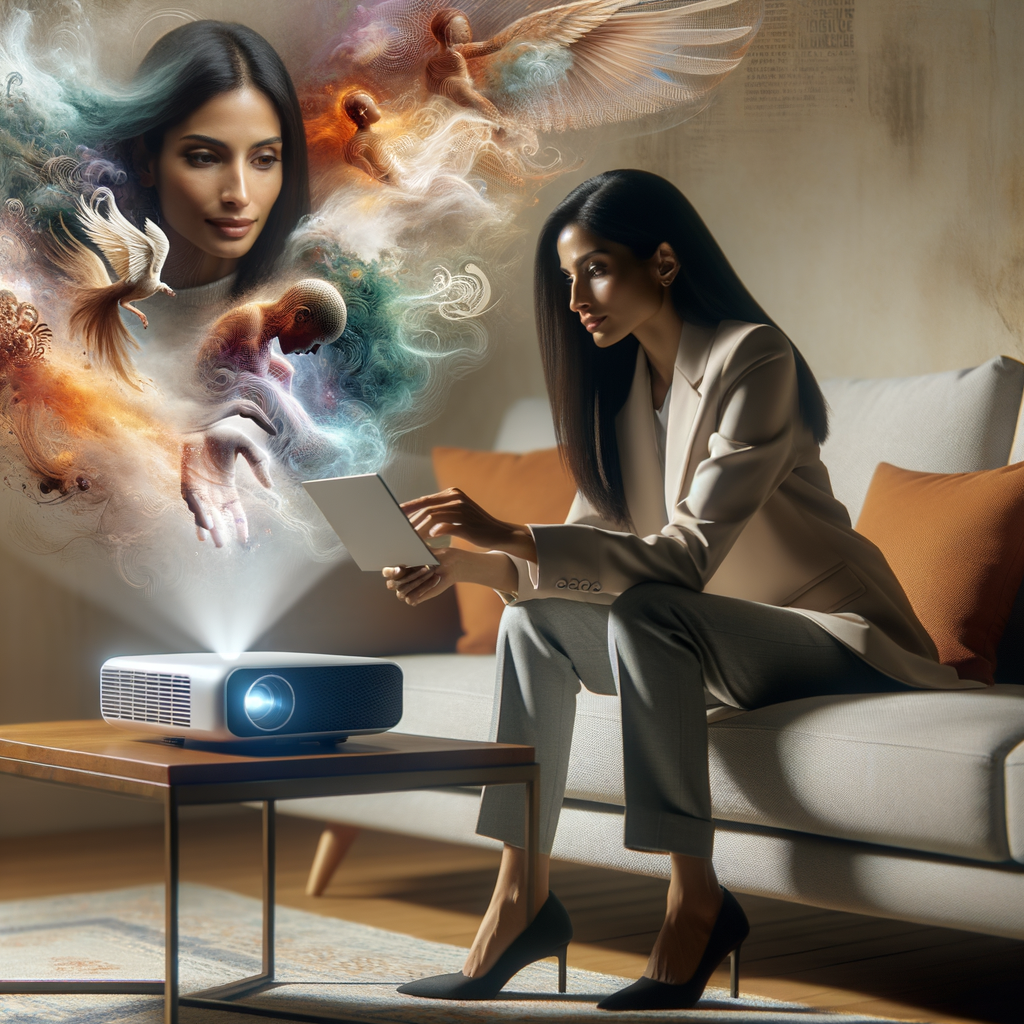 ソファに座ってスマートプロジェクターでNetflixを視聴している人。プロジェクターは小型でポータブル。壁にはNetflixのインターフェースが表示されている。スマートプロジェクターのある便利なライフスタイルを表現。