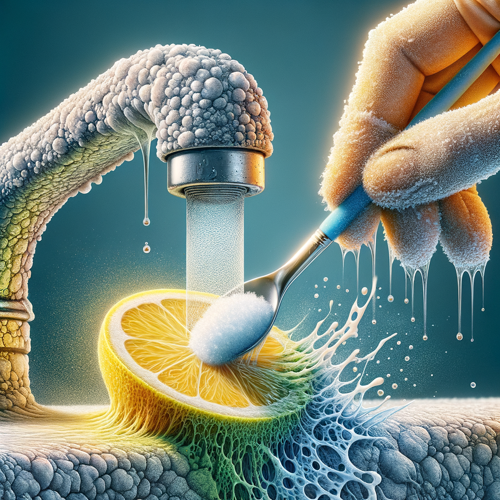 クエン酸を使って蛇口についた水垢を掃除しているクローズアップイメージ。水垢が落ちて綺麗になっている様子を強調。