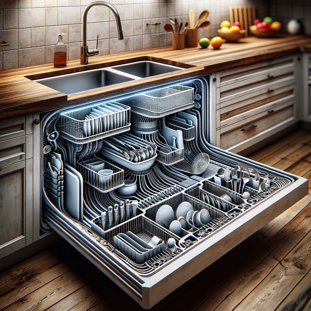 キッチンシンクの下で、伸縮ラックが2段の収納スペースを作り、鍋、フライパン、掃除用品などが整理されている様子。