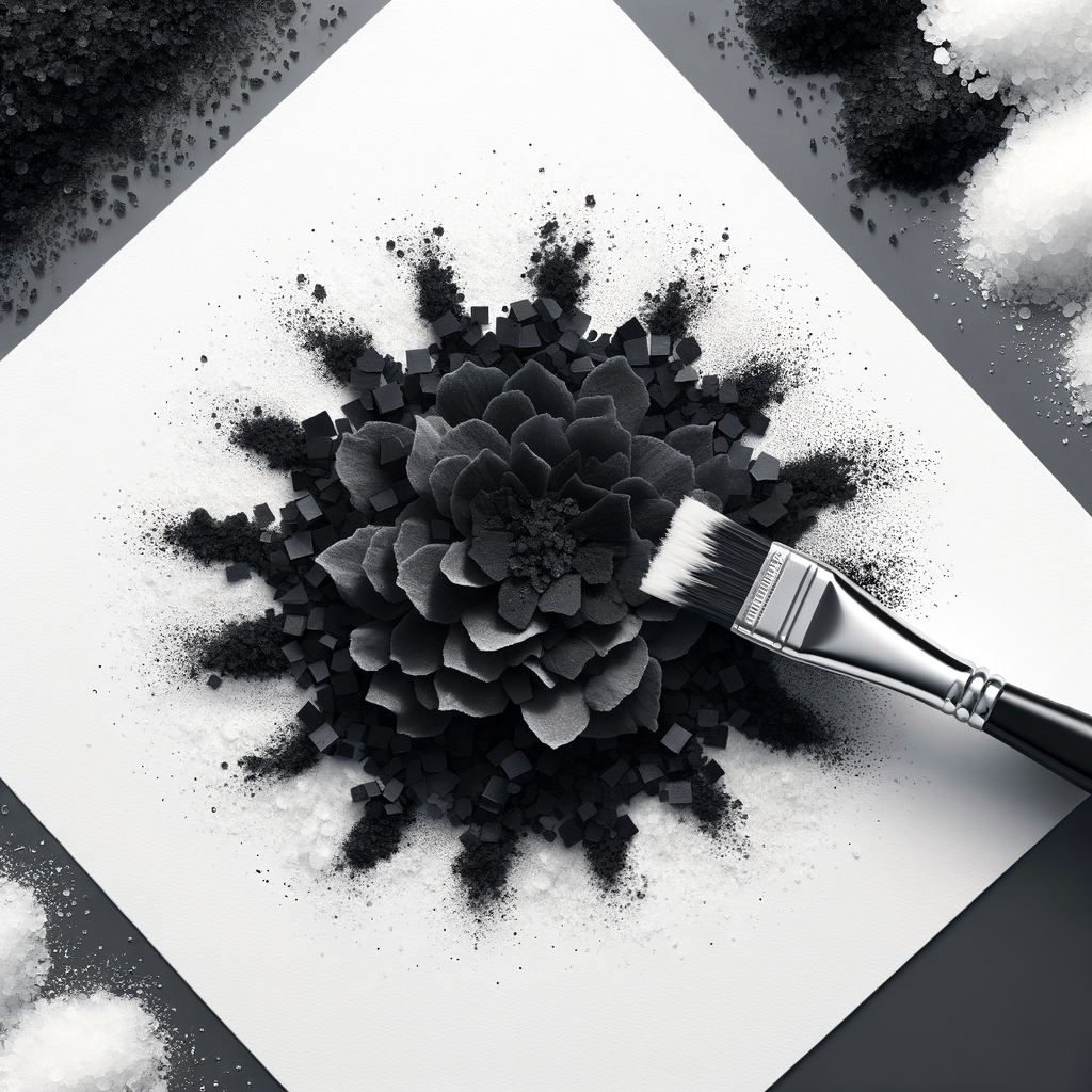 白い表面に置かれたブラックソルト(カラナマック)の結晶。背景にはインド料理をソフトフォーカスで配置し、ブラックソルトが持つ独特の風味を強調します。