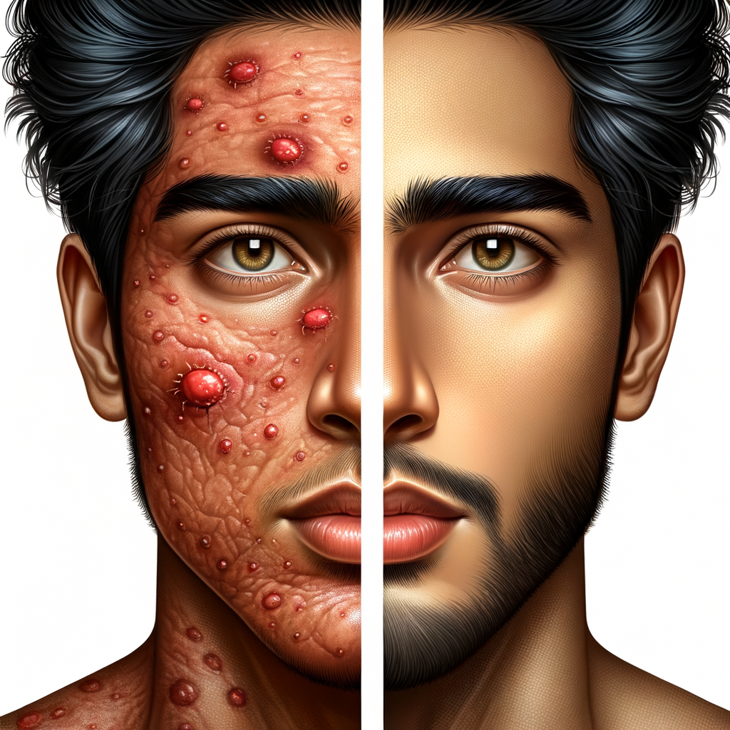 スキンケア前後の男性の顔写真の比較。スキンケアによって肌が改善された様子がわかるように。