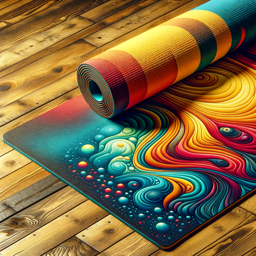 木製の床に置かれたカラフルなヨガマットのクローズアップ。質感や色合いがわかるように。
