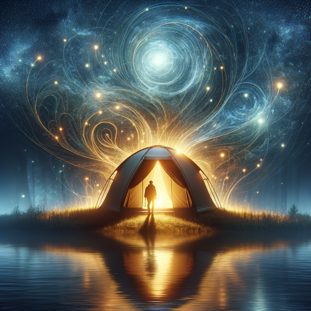 夜、内側から光るソロテントと、その上に広がる満天の星空の画像。静寂と孤独感、そして自然の美しさを表現している。