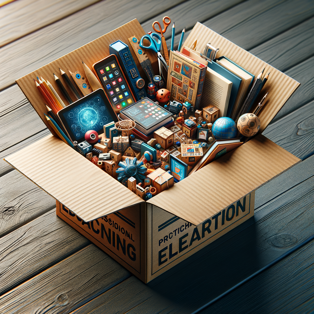 木製のテーブルの上に置かれた、開封された学習キットの箱。本、道具、コーヒーカップが一緒に置かれており、居心地の良い家の雰囲気を演出している。