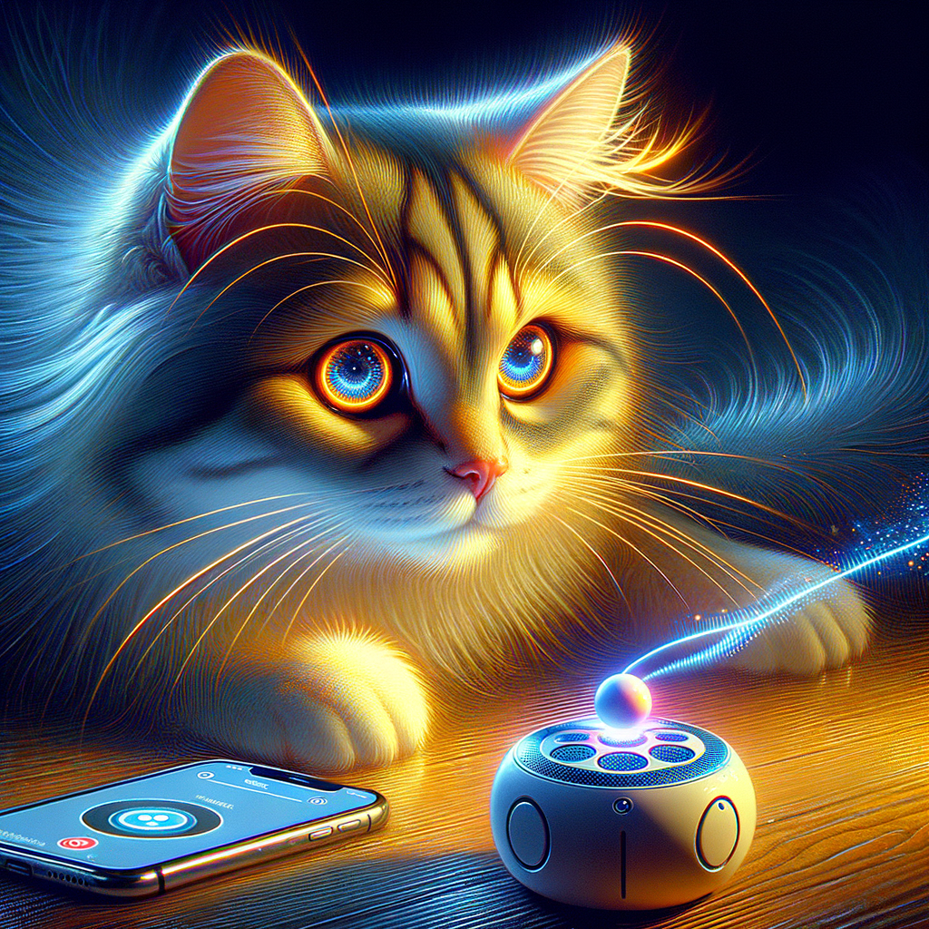 飼い主がスマートフォンを操作し、インタラクティブなおもちゃを遠隔操作している様子。猫はおもちゃを見つめている。背景には現代的なリビングルーム。
