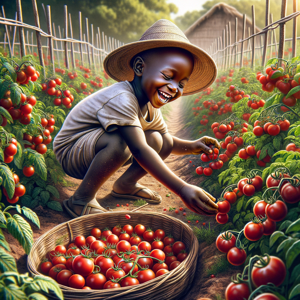 子供が笑顔でプランターで育てているミニトマトを収穫している様子。