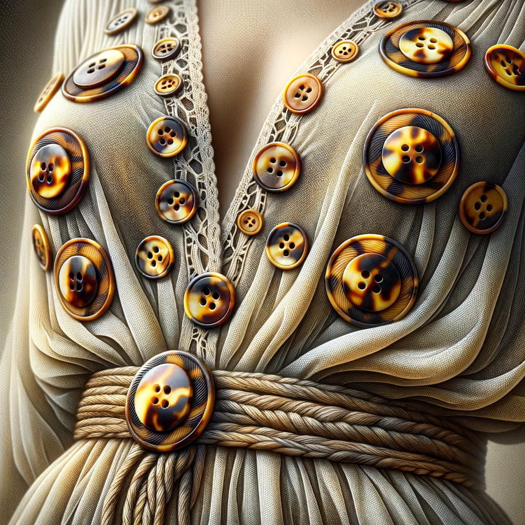 べっ甲風のボタンがついたブラウスのクローズアップ写真。ボタンの質感がわかるように、光沢感や模様がはっきりと見えるように。