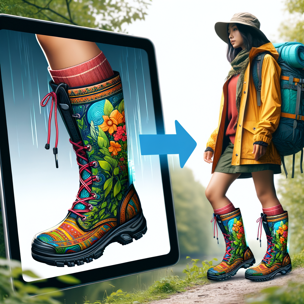 アウトドアウェアを着た女性が、濡れた草の上に立って、カラフルなパッカブルレインブーツを履いている画像。アクティブな休日の雨の日スタイルを表現。