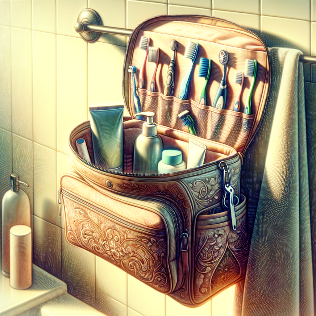 洗面所のタオル掛けに、洗面用具ケースが吊り下げられている様子。ケースは開いており、歯ブラシやシャンプーボトルなどが見える。