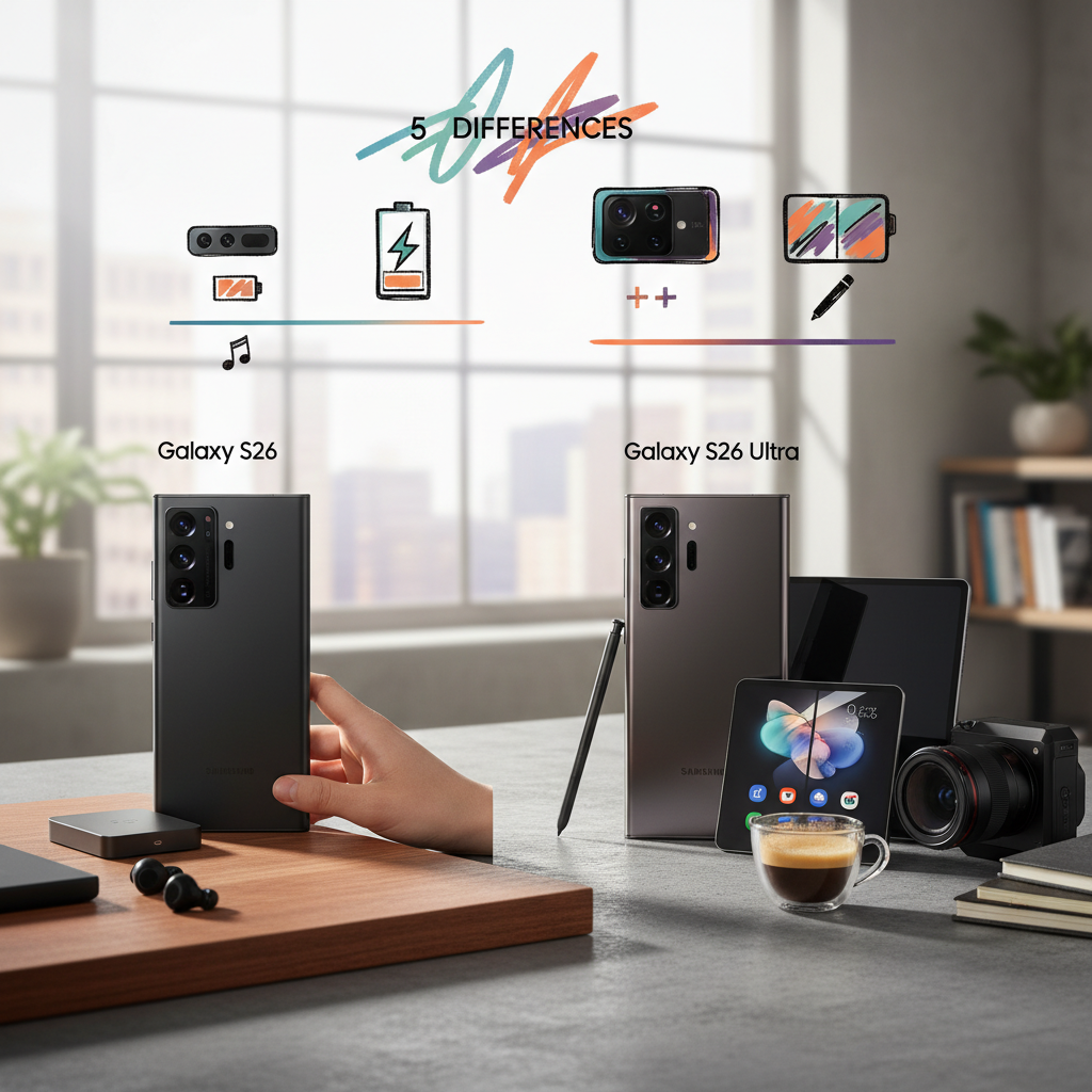 Galaxy S26とUltraの差5点の比較ポイントを整理したイメージ